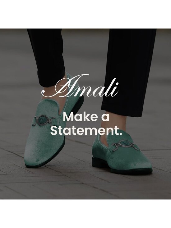 Amali Men\'s Mint Green Velvet Loafers Lion Head  Buckle Slip On Tuxedo Shoes main image 4